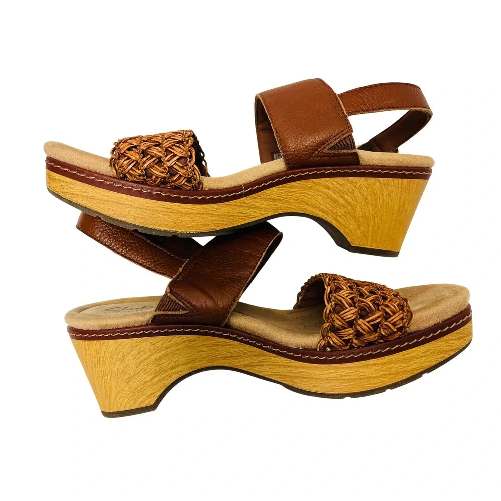 Clarks Wedge Sandals 8.5W Brown Leather Woven Ultimate Comfort Boho Platform